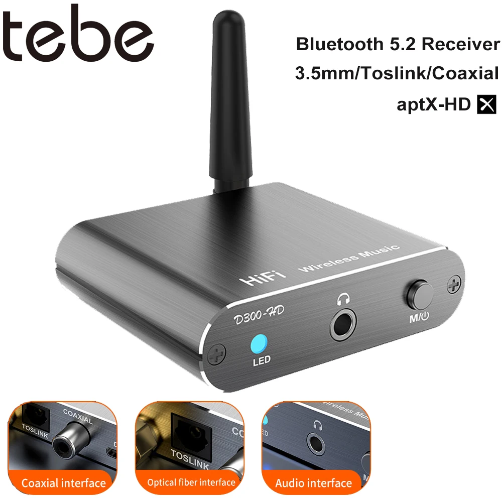 Tebe aptX-HD Bluetooth 5.2 Music Receiver HIFI Wireless Audio Adapter with 3.5mm Aux Toslink/Coaxial Output For Amplifer Car