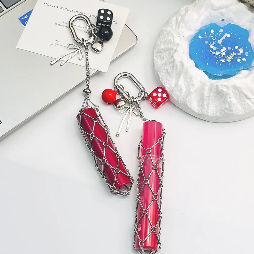 

New Metal Net Pocket Lipstick Keychain Pouch Lip Balm Bag Keyring Holder Stainless Steel Color Dice Dopamine Wedding Party Gift