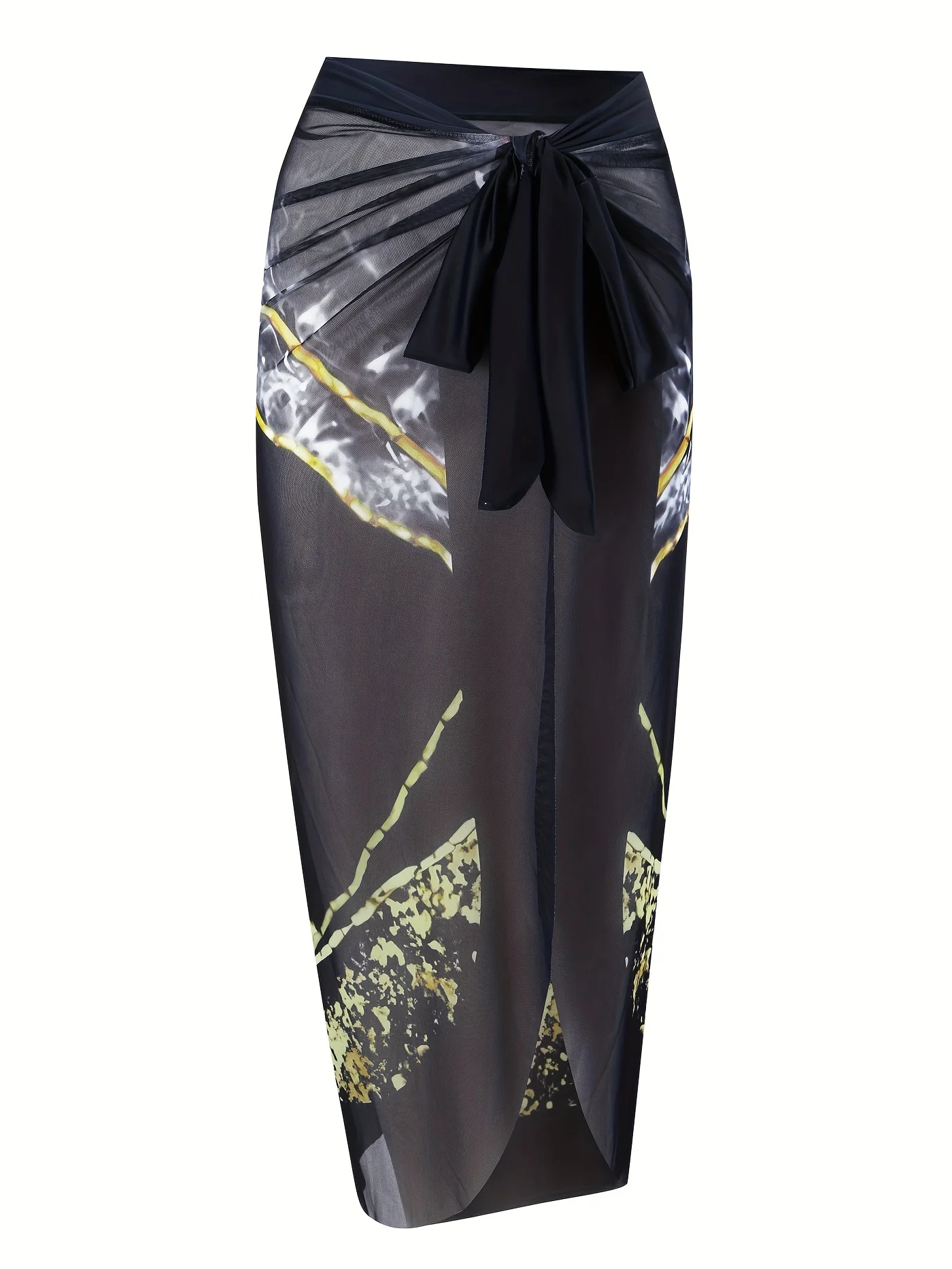 

Женский комплект из двух предметов: купальник без бретелек с черным мраморным принтом и сетчатая юбка-фартук на завязках, для пляжного отдыха