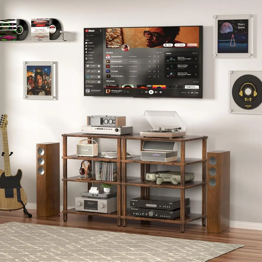 4-Tier AV Media Player Stand Set o 2, Brown Stereo Cabinet, Wooden TV Stand,Game ole Shel, Multiunctional Entertainment Center,