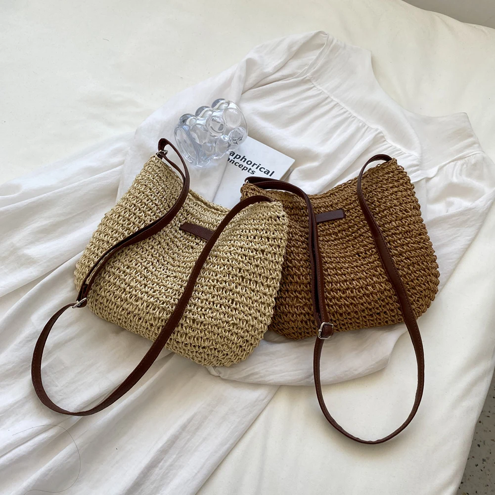 

Women Hollow Weaving Satchel Bag Solid Color Retro Straw Sling Bag Adjustable Strap Crochet Hobo Bag Ladies Summer Daily Bag