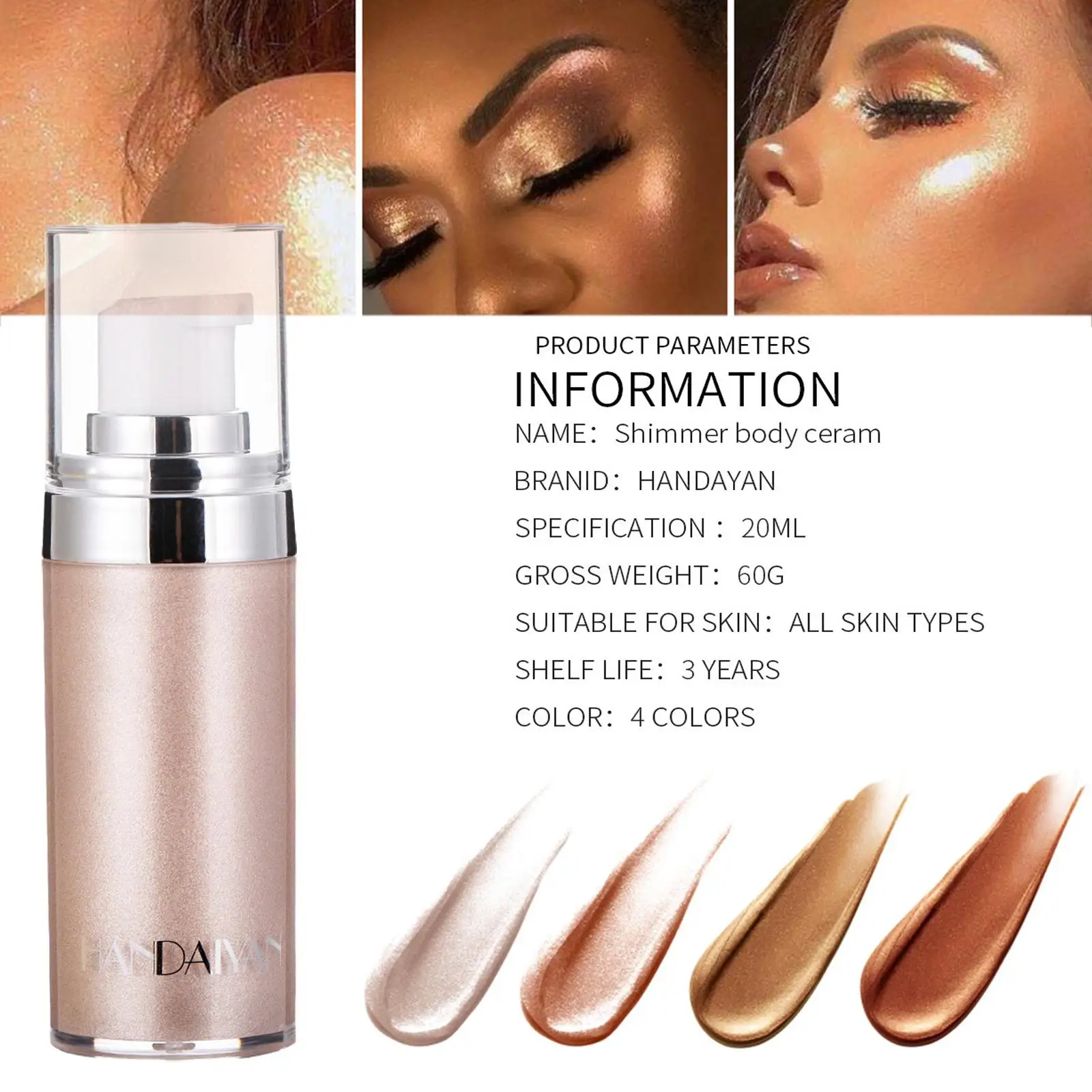 New 4Colors Liquid Body Highlighter Long-lasting Shine Brighten Glitter Shimmering Body Cream for Women T3H7