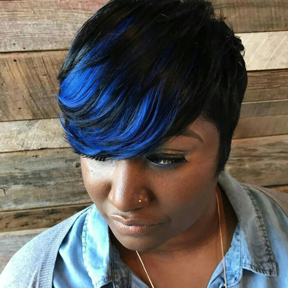 Peruca Curta de Cabelo Humano de 4 Polegadas, Peruca Pixie Cut, Cabelo Brasileiro Liso, Peruca de Cabelo Preto e Azul, Pré-arrancada, Feita à Máquina