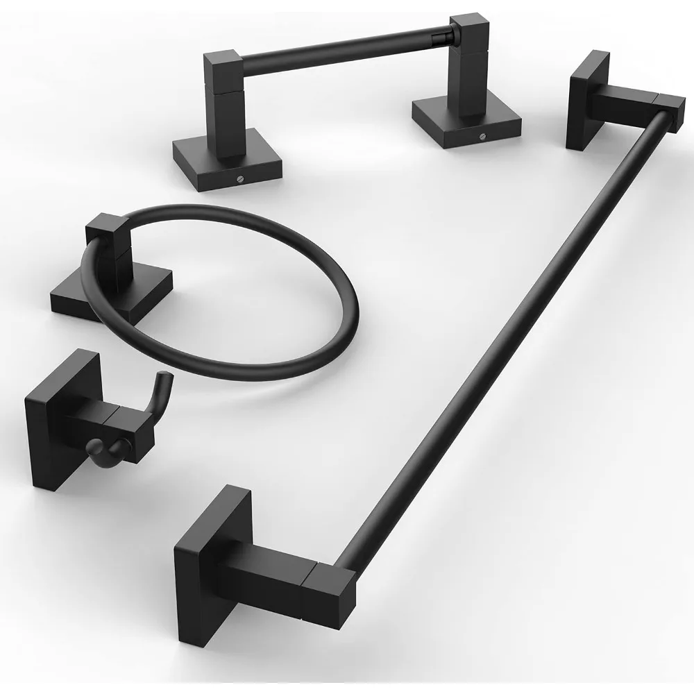 

Modern Matte Black Bathroom Hardware Set: 18-Inch Towel Bar, Toilet Paper Holder, Ring, Robe Hook - Stainless Steel & Zinc Alloy