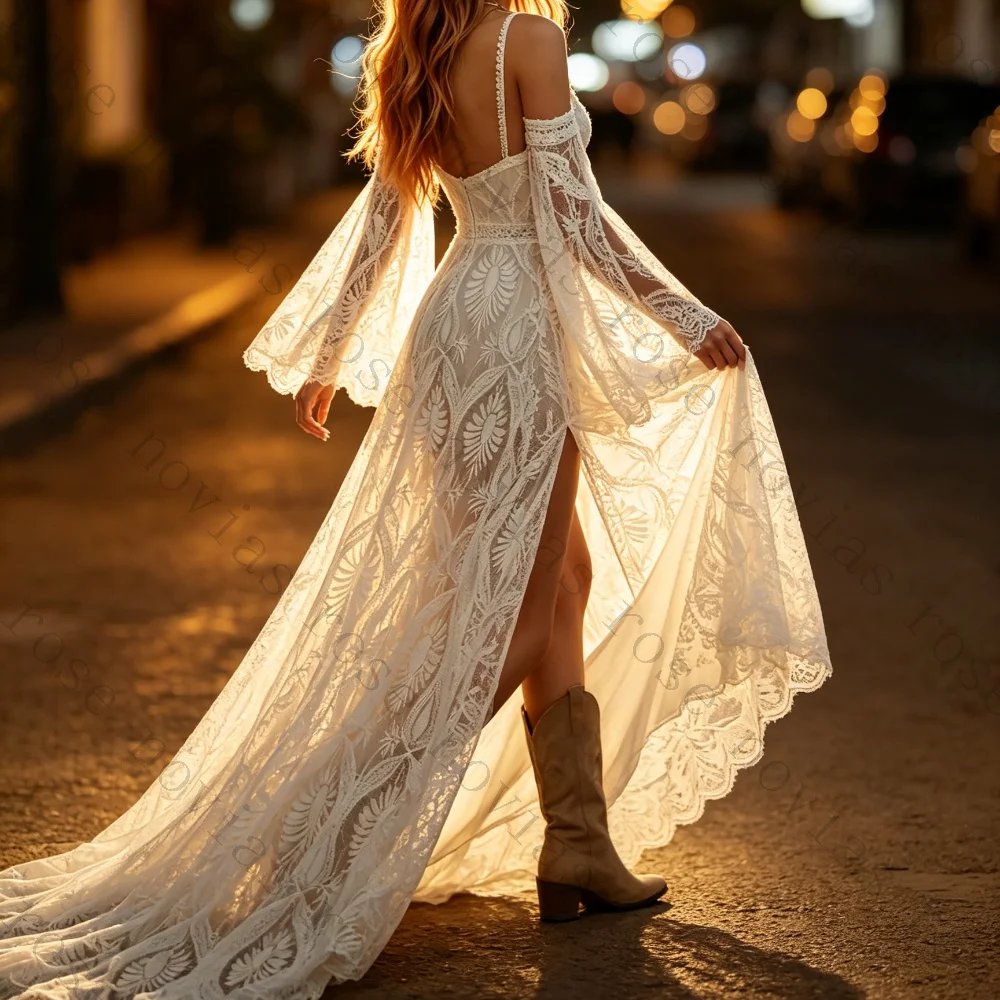 Customized  Boho Lace Bridal Gown 2026 Spaghetti Straps Off Shoulder Bell Sleeve High Slit Sheer Train Cowgirl Wedding Outfit
