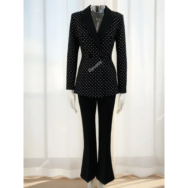 

Pantsuits Diamond Business Office Wear Black Blazer Flared Trousers Pants Set Slim Fit Two Piece Suit Formal Outfits