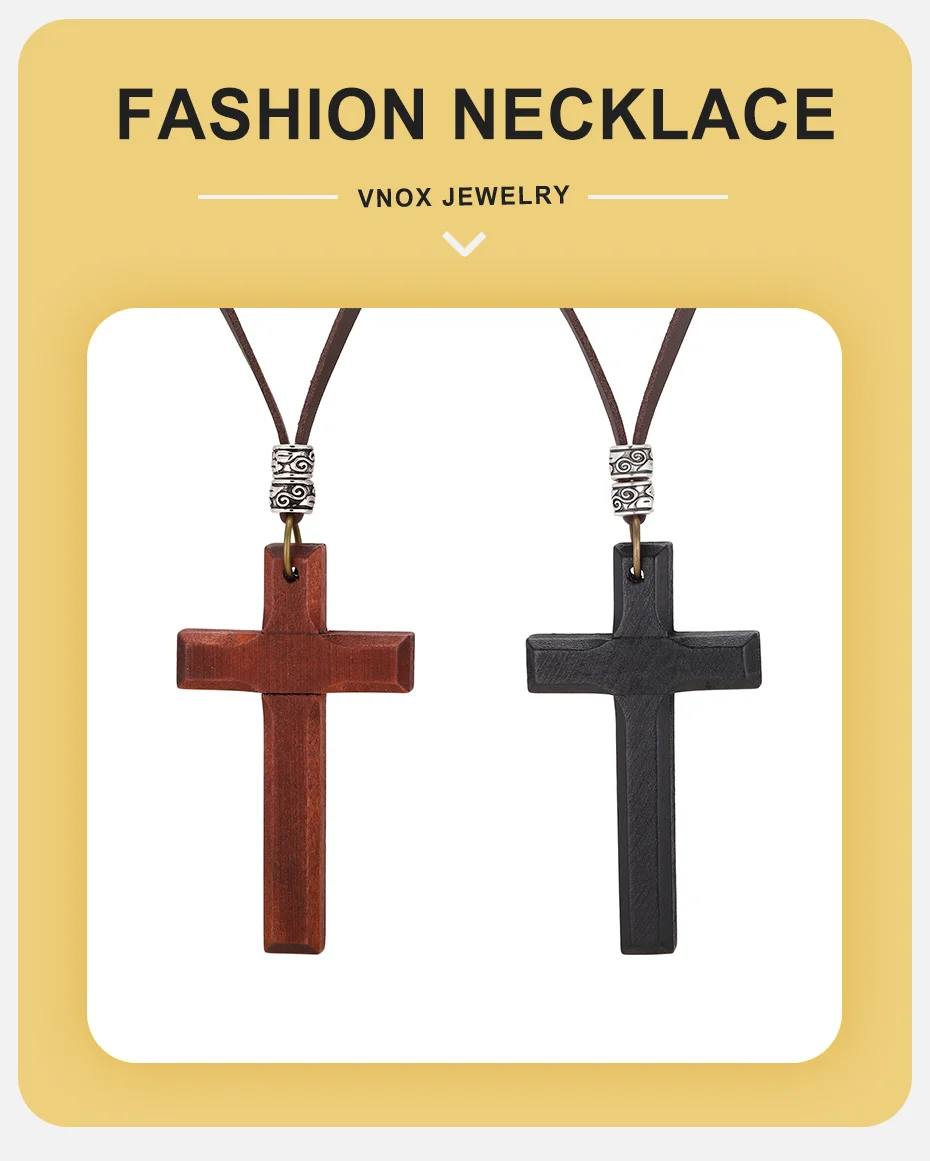 Vnox Vintage-Halskette mit Holzkreuz-Anhänger für Männer und Frauen, verstellbares 44–86 cm langes Lederband, christliches Gebetsamulett, Schmuck, Geschenk – Detail 1