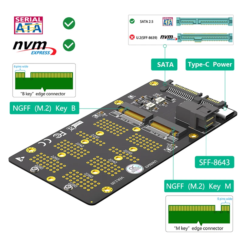 อะแดปเตอร์ SSD M.2คีย์ NVMe M เพื่อ SFF-8643กับแหล่งจ่ายไฟประเภท C + M.2 SATA B คีย์ไป SATA3.0 Riser สำหรับ2230 2242 2260 2280 M2 SSD