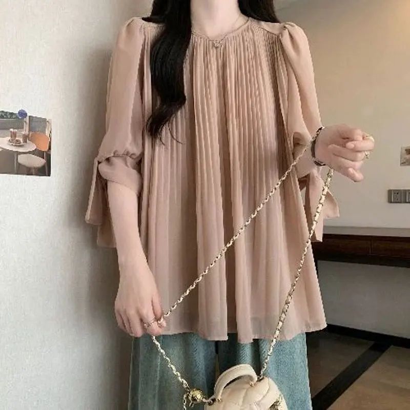 Casual 3/4 Sleeve Drawstring Shirt Women\'s Clothing Solid Color All-match 2024 Summer Fashion Pleated Korean Round Neck Blouse