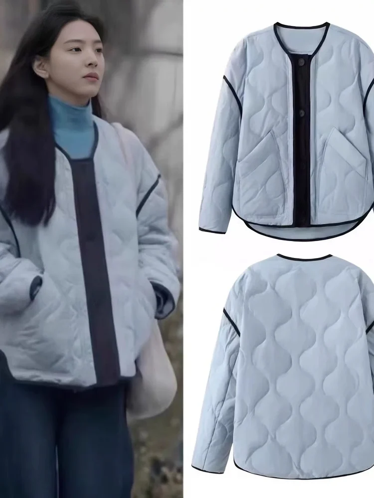 

Lightweight Blue Quilted down Jacket Cotton Jacket Women Winter New Korean Style Short White Duck Feather Outerwear