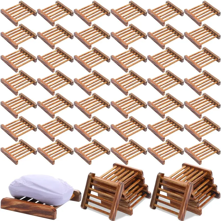 

50 Pcs Bamboo Wood Soap Dish Bulk Bathroom Wooden Soap Holder Savers Self Draining Dishes Handcraft Tray, 3.3 x 3.3 x 0.67 Inch