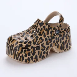 Leopard Chunky Platform Sandals Women Closed Toe Thick Bottom Sandals Woman Summer 2024 Super High Wedge Heel Slippers Female