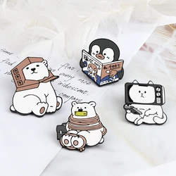 Kidnapped Polar Bear Pin Badge Penguin Read Magazine Recyclable Bears Brooch Enamel Cartoon Cat Watches TV Pin Kids Jewelry Gift