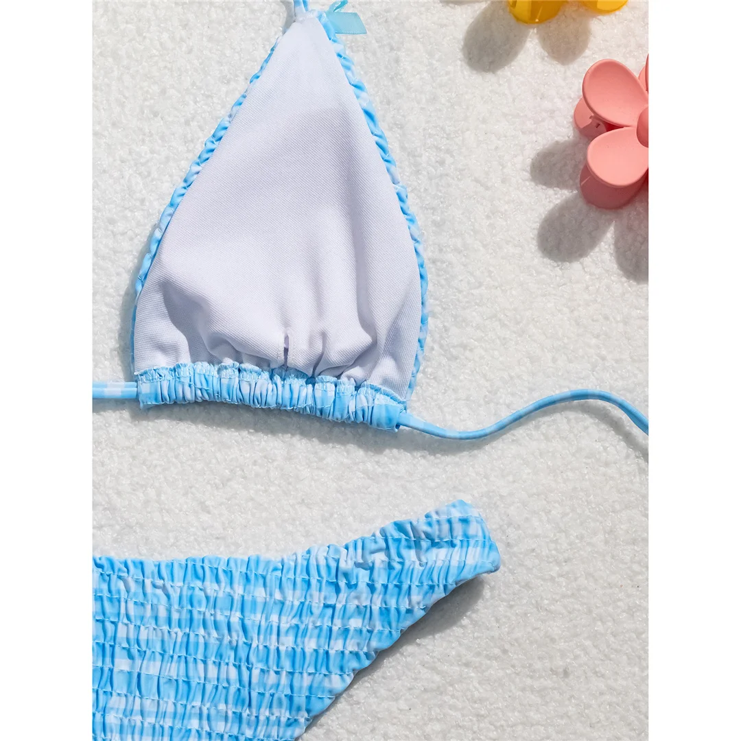 Kariertes Neckholder-Bikini-Set mit Falten und Schleife, zweiteiliger Damen-Badeanzug, brasilianischer Badeanzug, Badebekleidung, Schwimmanzug V6512 – Detail 14