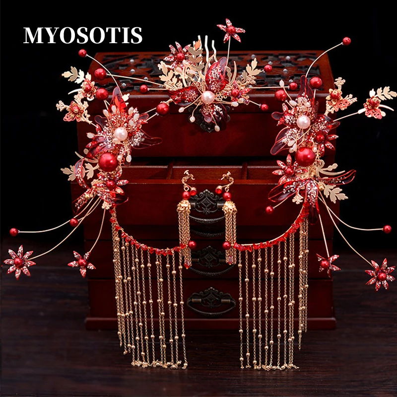 Red Liquid Flower with Glitter Classical Chinese Vintage Wedding Hair Accessories with  Chain Tassel