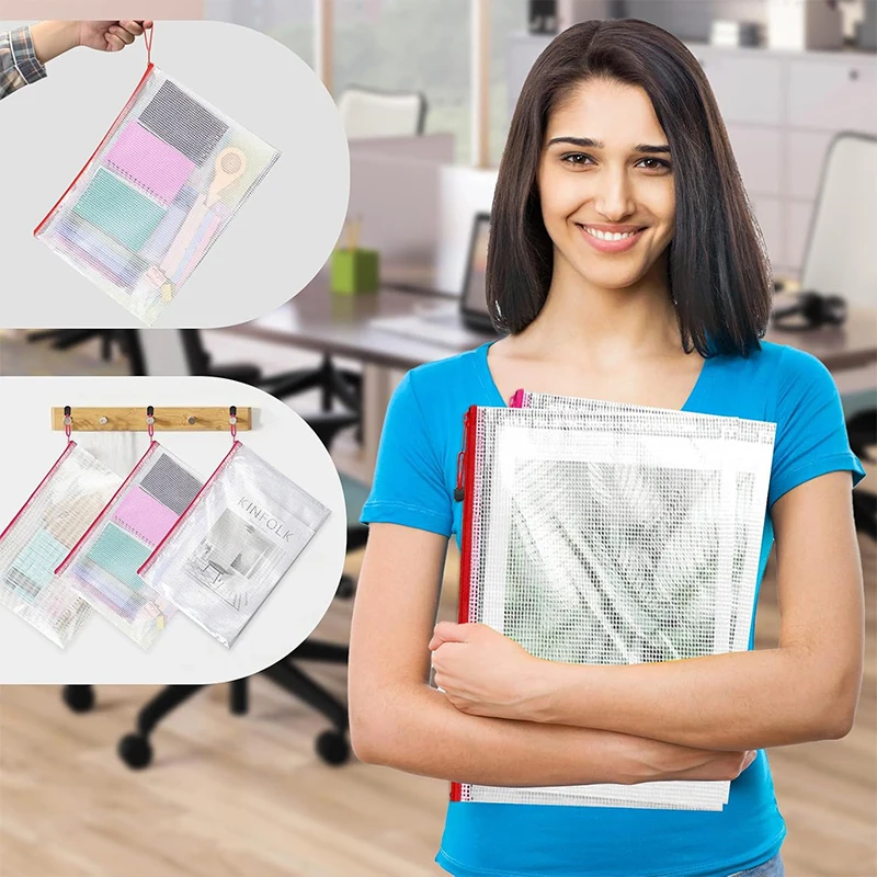

3pc Thickened Transparent Document Bag A4 Official Document Bag Mesh Zipper Bag, Large Capacity A4 File Bag, Waterproof File Bag
