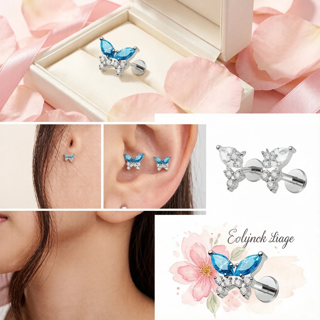 G23 Titanium Piercing 16G CZ Butterfly Ear bone Nail Internal Thread Labret Tragus Helix Cartilage Earrings Lip Piercing Jewelry