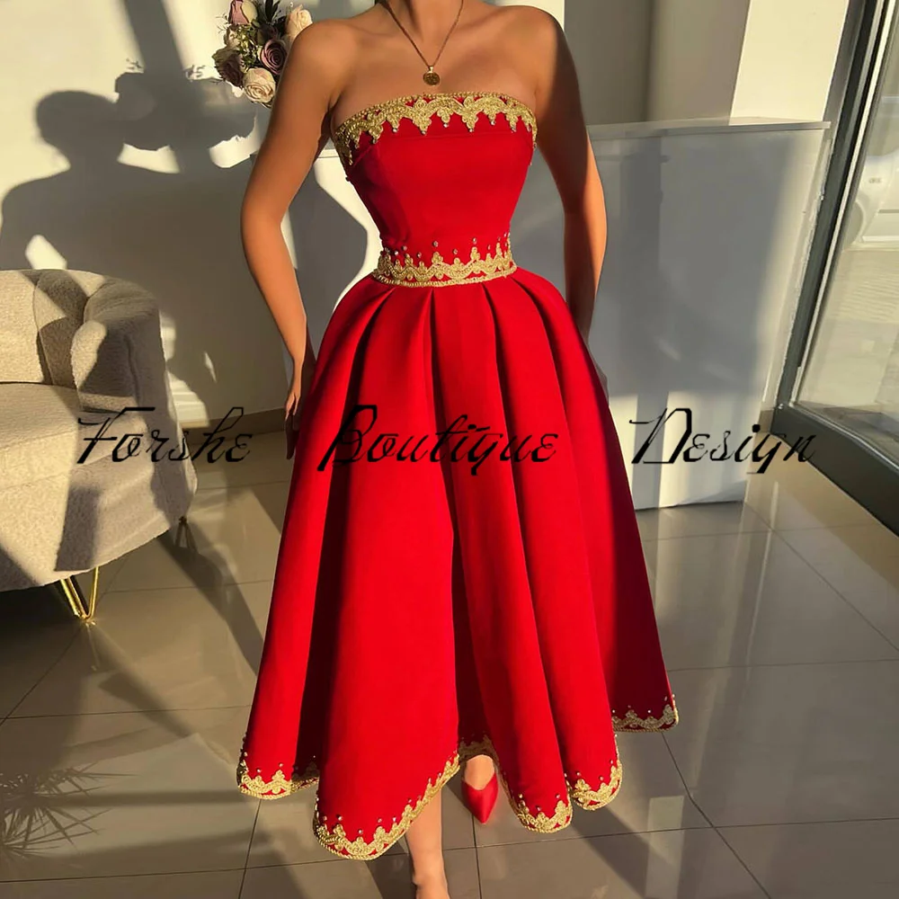 Rote Vintage-Abendkleider mit Goldapplikationen, Hochzeits-Party-Kleider 2023, A-Linie, kurzes Abendkleid, Robe de Soirée, individuell gestaltet