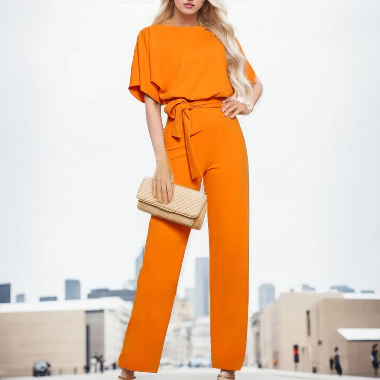 

Belt Jumpsuit Straight Short Playsuit Sleeve Women Fashion Solid Color Business Tight Waist Jumpsuit Ladies Slim Rompers