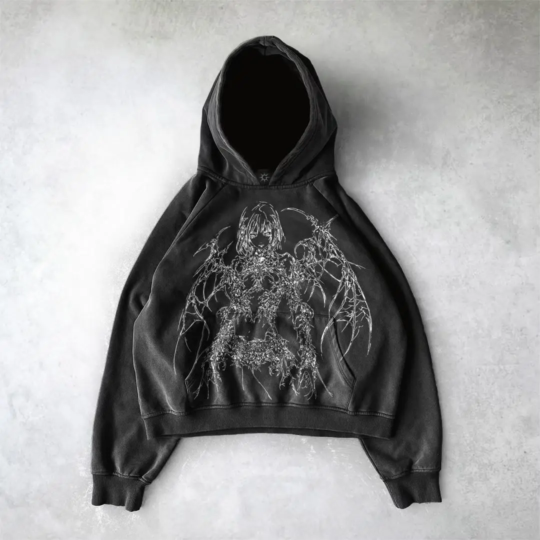 Oversized goth demon girl print harajuku y2k tops new goth streetwear sweatshirt hoodie hoodies women couples gothic clothes