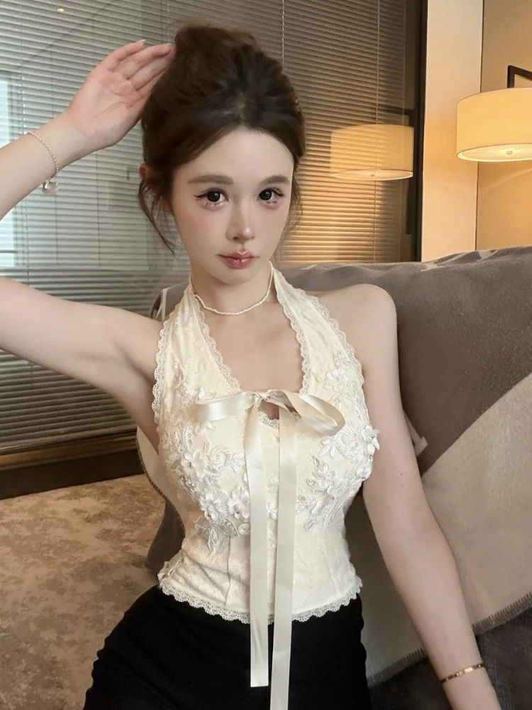 

Pure Desire Sexy Lace Sash Hanging Neck Small Vest Women Design Spring Summer Waist in V-neck Top Korean Style Slim Fit Short