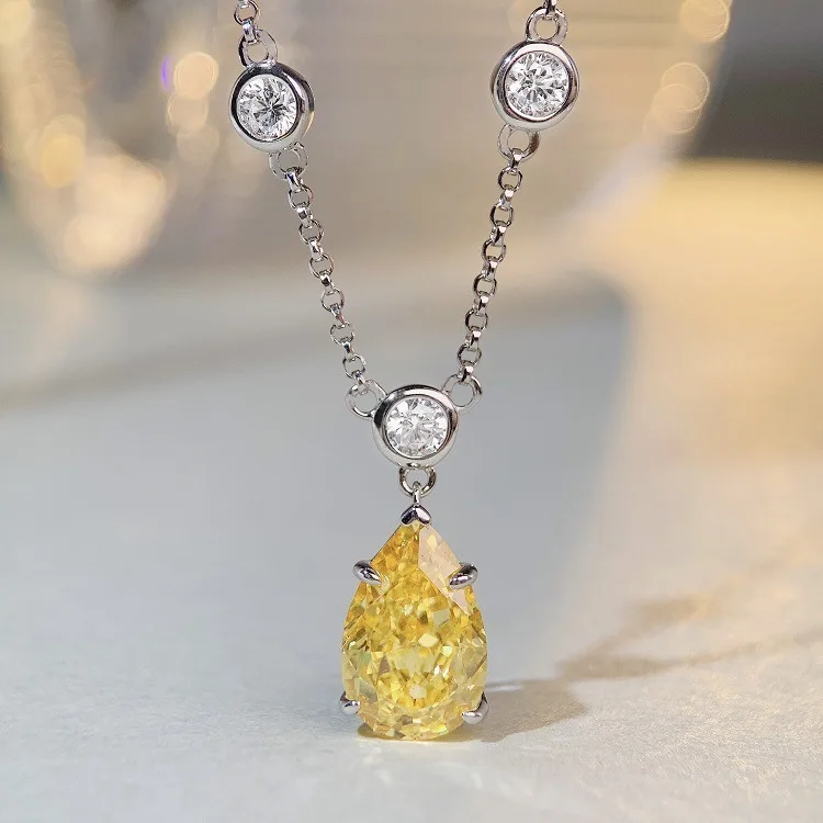 

S925 Sterling Silver Necklace, Yellow Diamond, Water Droplet, High Carbon Diamond Chain, Versatile and High-end Collarbone Chain