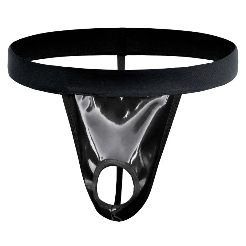 Men's Erotic Underwear Glossy Pu Leather T-Back Wide Rubber Band Panties Front Hole Thongs G String Low Waist Cueca Tanga