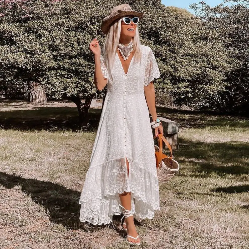 Fashion Beach Vacation Long Dress Women Short Sleeve Loose V-Neck Mid-Calf Dresses Elegant Solid Vestidos Woman Clothing Vestido