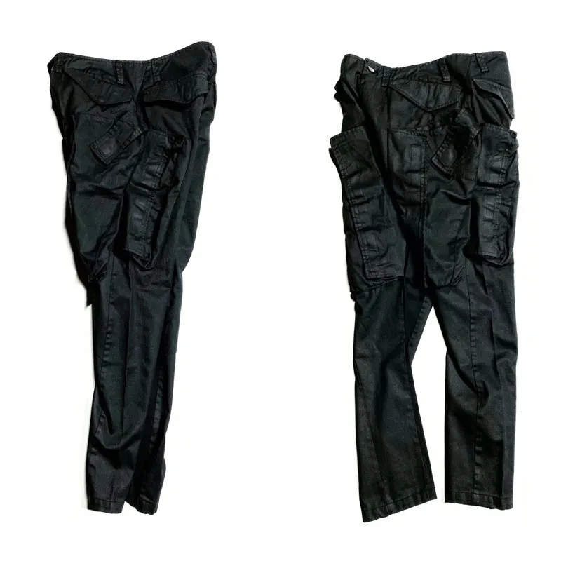 Niche Design Wax Coated Distressed Dark Skinny Pants Men's and Women's Pants