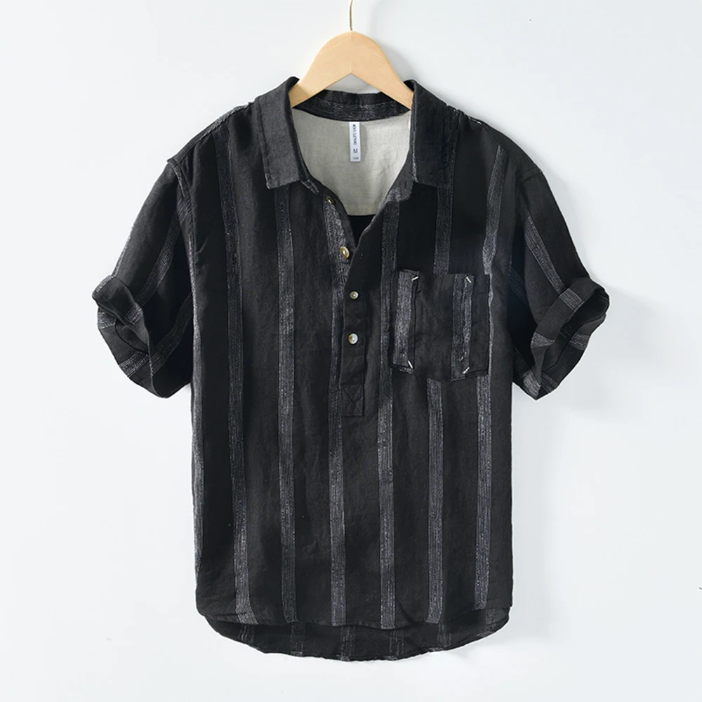 Camisa de linho do vintage japonês dos homens 2023 primavera verão novo cáqui lapela listrado manga curta camisas plus size casual pulôver topos