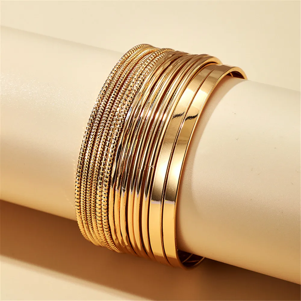 Charmsmic 14pcs/set Punk Style Round Big Circle Wide Bracelets & Bangles For Women Gold Color Armband Trendy Alloy Boho Jewelry