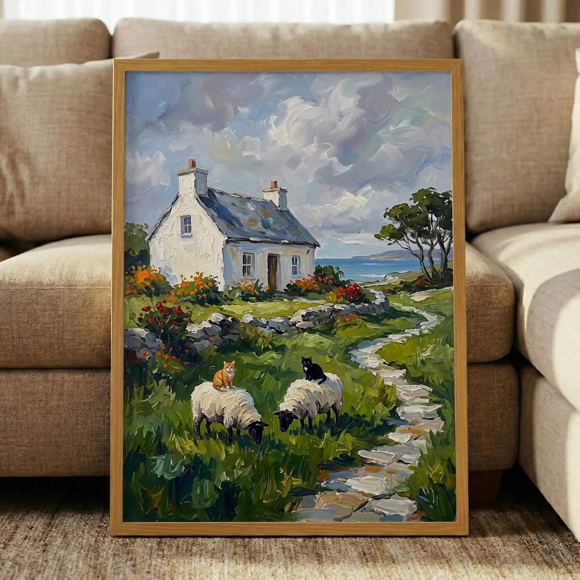 Irish Cottage Painting, Cats Riding Sheep Print, Connemara Landscape Art, Funny Cat Wall Decor, Coastal Farmhouse Poster,