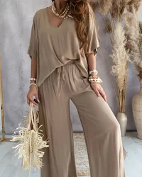 Spring Summer Women's Colorful Color-blocked V-neck Bat-sleeved Short-sleeved Lace-up Loose And Comfortable Casual Pants Suit