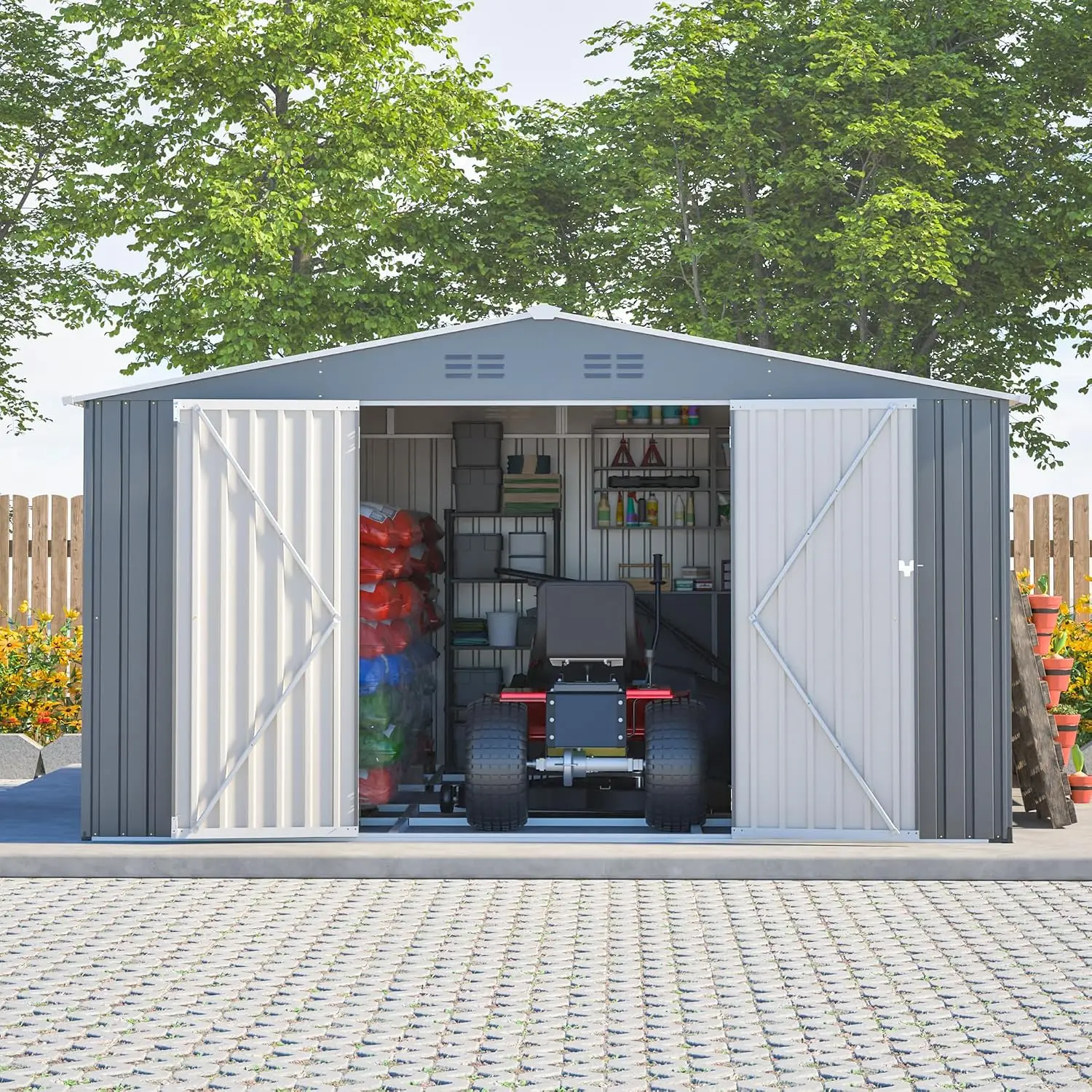 Outdoor Storage Shed, 12 X 14 FT Large Metal Utility Tool Sheds with Floor Frame, Steel Garden Shed with Windows, Customized