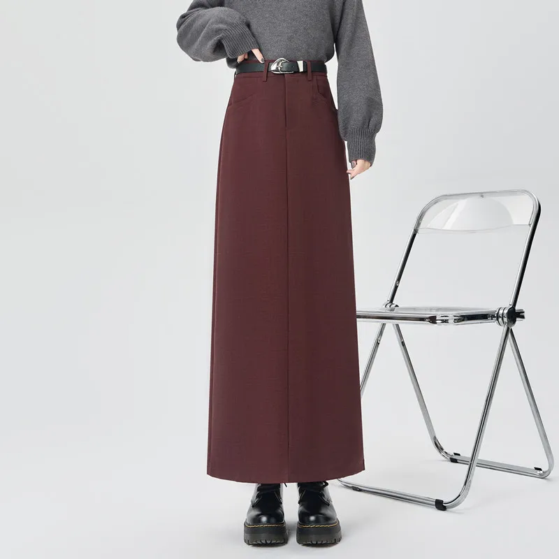 Anankela Red High Waist Straight Long Skirt for Women Autumn Winter Korean Fashion Elegant Back Split Suit Skirts Female