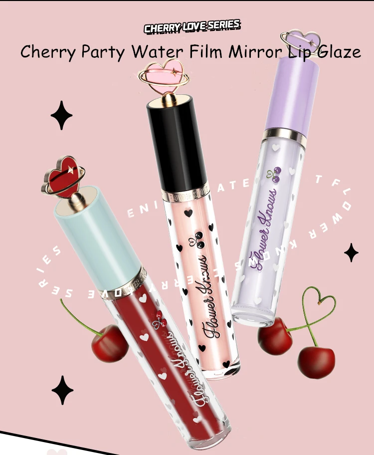 Flower Knows Mirror Lip Glaze Cherry Love Series Liquid Lipstick Glasting Water Film Lipgloss Lip Women Beauty Makeup