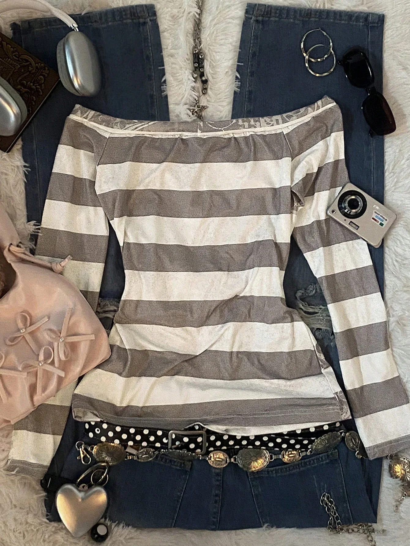 Women's Y2K Sweet 2000S Pink Angel Heart Print, Black And Gray Striped One-Shoulder Long-Sleeved T-Shirt, Suitable For Back-To-S