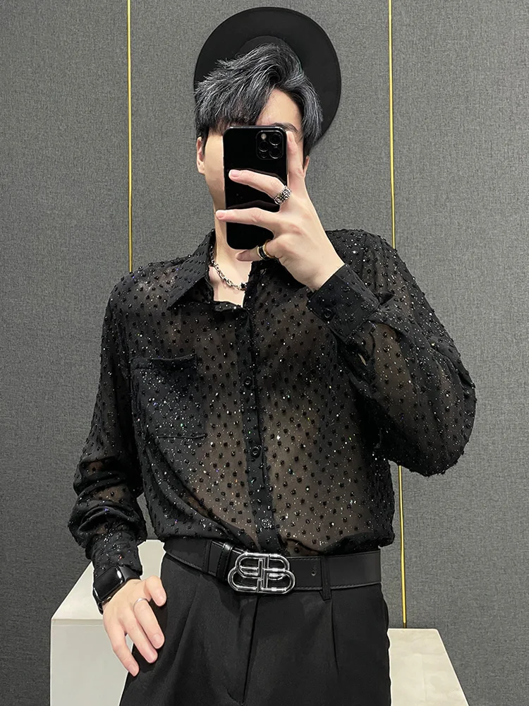 

Летняя мужская рубашка с блестками и защитой от ультрафиолета, дышащая, с длинными рукавами, с подплечниками, блестящая, черная, модная, свободного кроя, молодежная