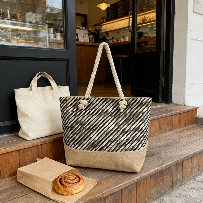 Bohemian Geometrischer Stil Reisetasche, Damen-Strandtasche, Leichtgewichtig und mit großem Fassungsvermögen (Zufällige Streifendirektion) – Detail 2