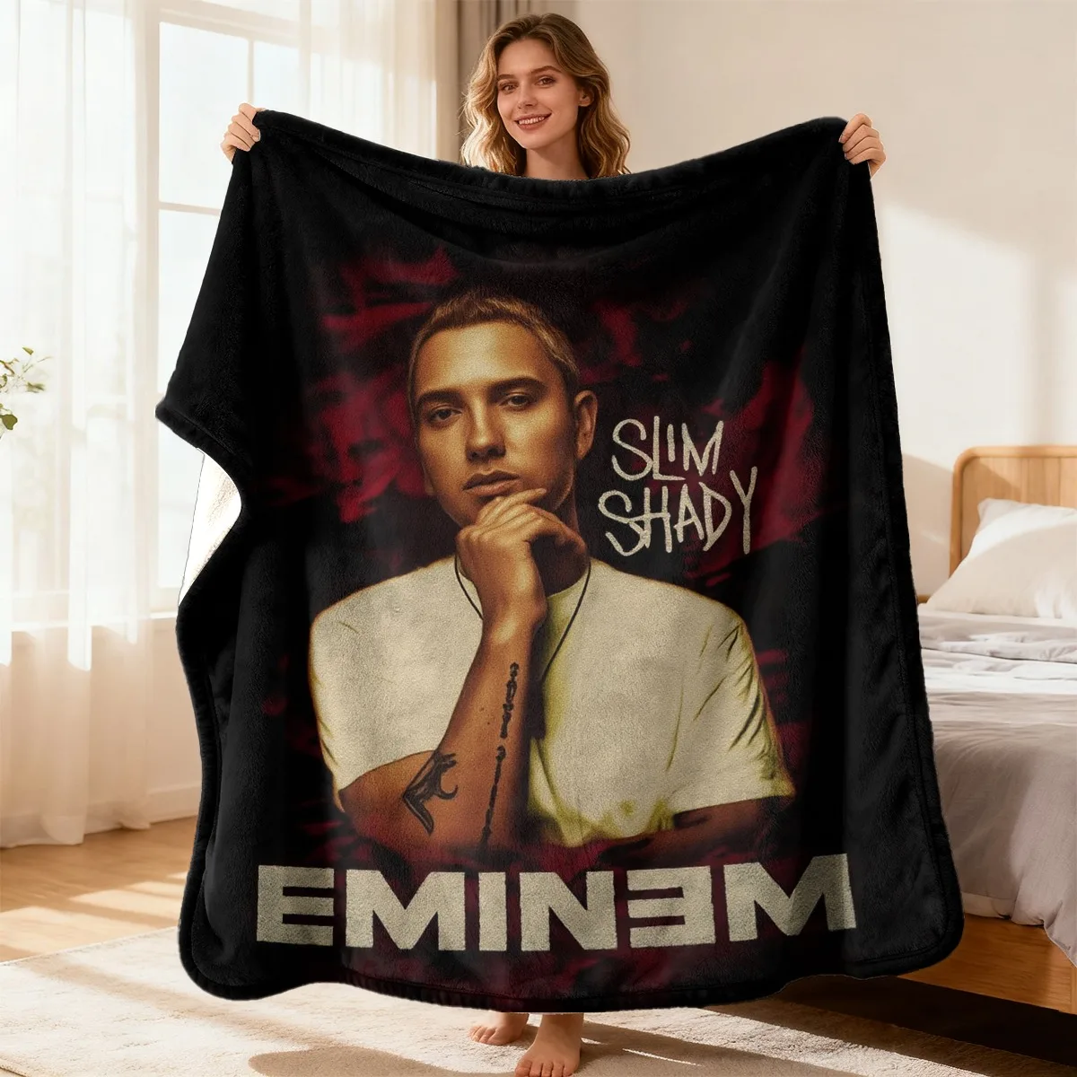 Customize Eminem (Slim Shady) Bedspread/Bed Blanket - Ultrasound Printed Rap Icon Design, Iconic Logo & Rapper Name - Soft Flann