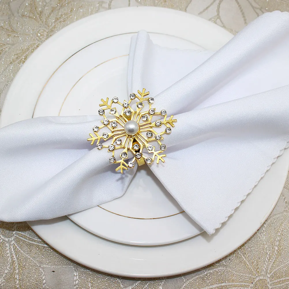 

4 шт., кольца для салфеток, элегантные снежинки, рождественский жемчуг, стразы, декор для салфеток, обеденное украшение, праздничная вечеринка, посуда