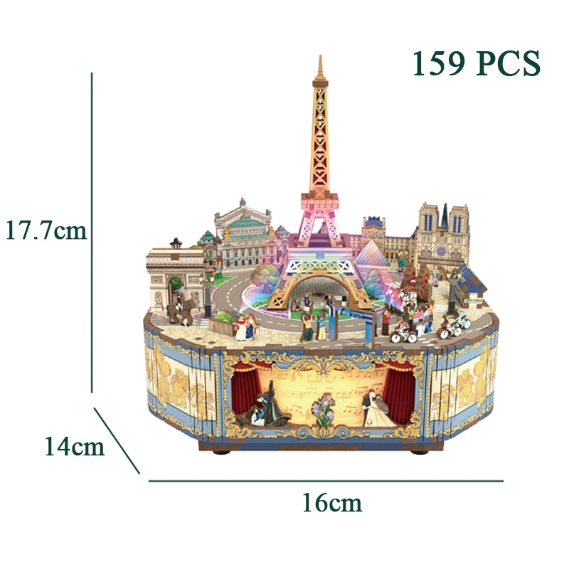 DIY 3D Wooden Music Box Miniature Model Kits Paris Street View Eiffel Tower Jigsaw Puzzles With Light Can Move for Friends Gifts