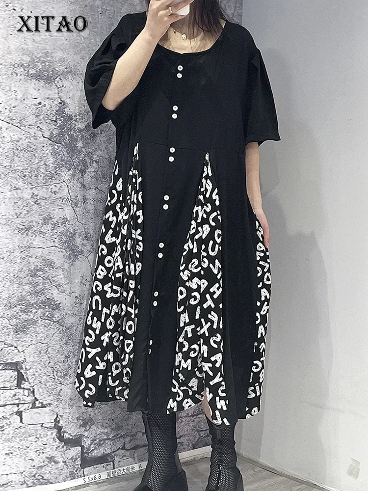 

XITAO Loose Casual T-shirt Dress Contrast Color Letter Print Splicing Hem 2025 Summer New Simplicity O-neck Women GJ0007
