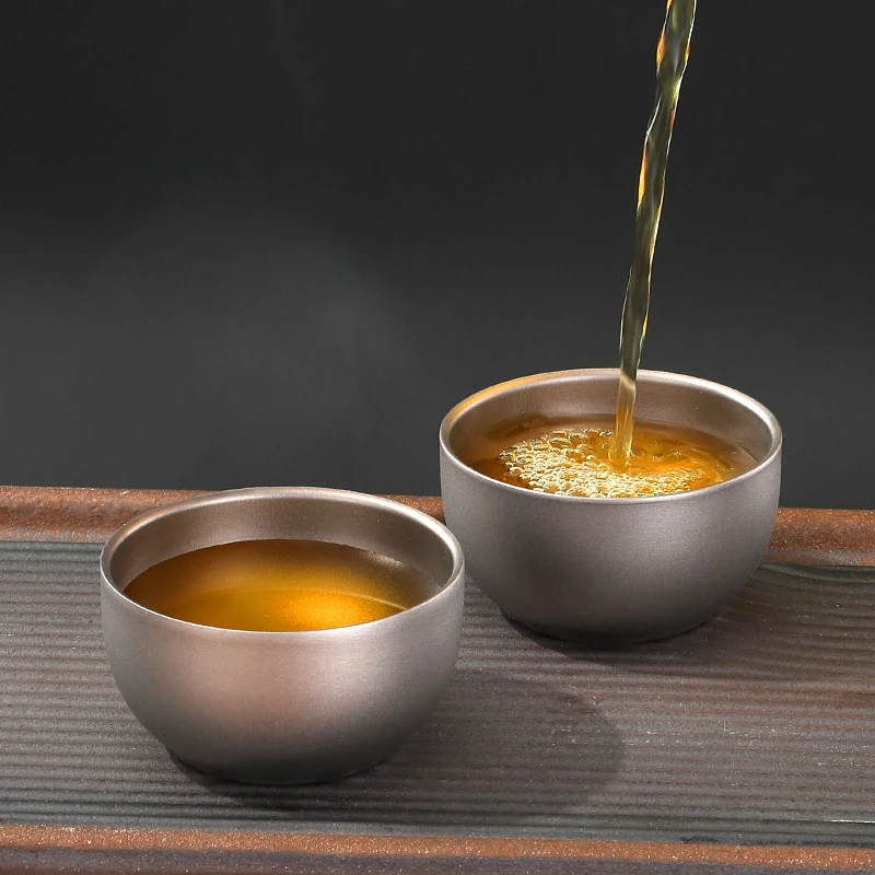 

D5 2Pcs 50ML Teapot Pure Titanium Double-layer Small Tea Cup Coffee Outdoor Camping coffee and Tea Tableware Set Brewing Tea Cup