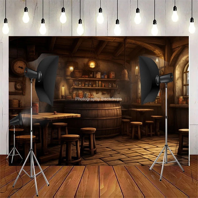 Vintage Old Tavern Barista Coffee Shop Bar Photography Backdrop Warm Medieval Inn Fantasy Retro Photo Studio Background LJG-01
