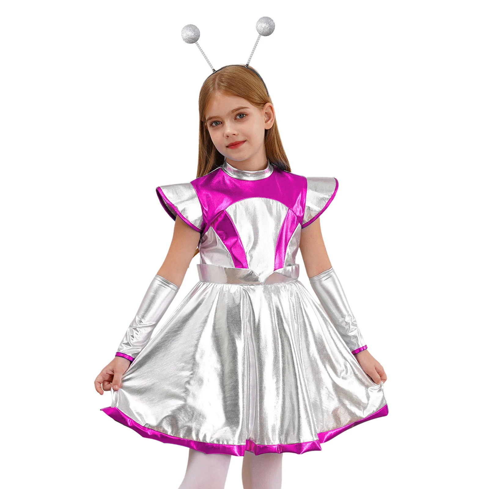 Kids Girls Space Alien Costume Astronaut Cosplay Outfits 3 Piece Shiny Metallic Flared Dress with Accessories Halloween Dress Up