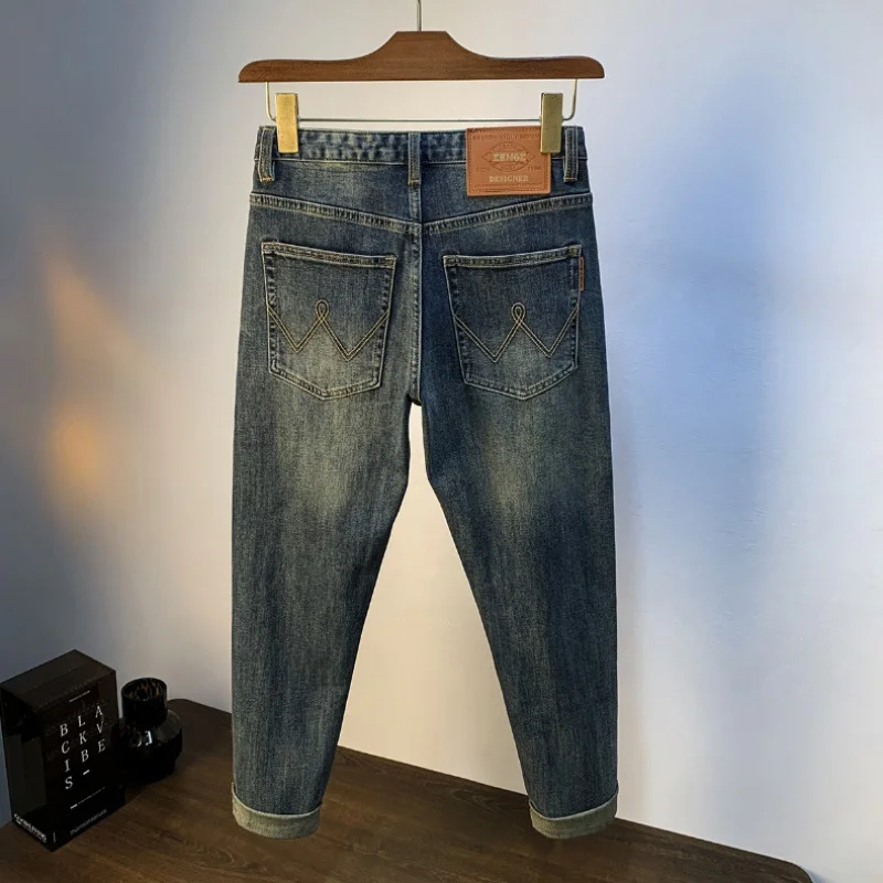 High-End Washed Jeans for Men Spring and Autumn 2024 New Fashion Embroidered Skinny Stretch Retro Slim-Fit Trousers