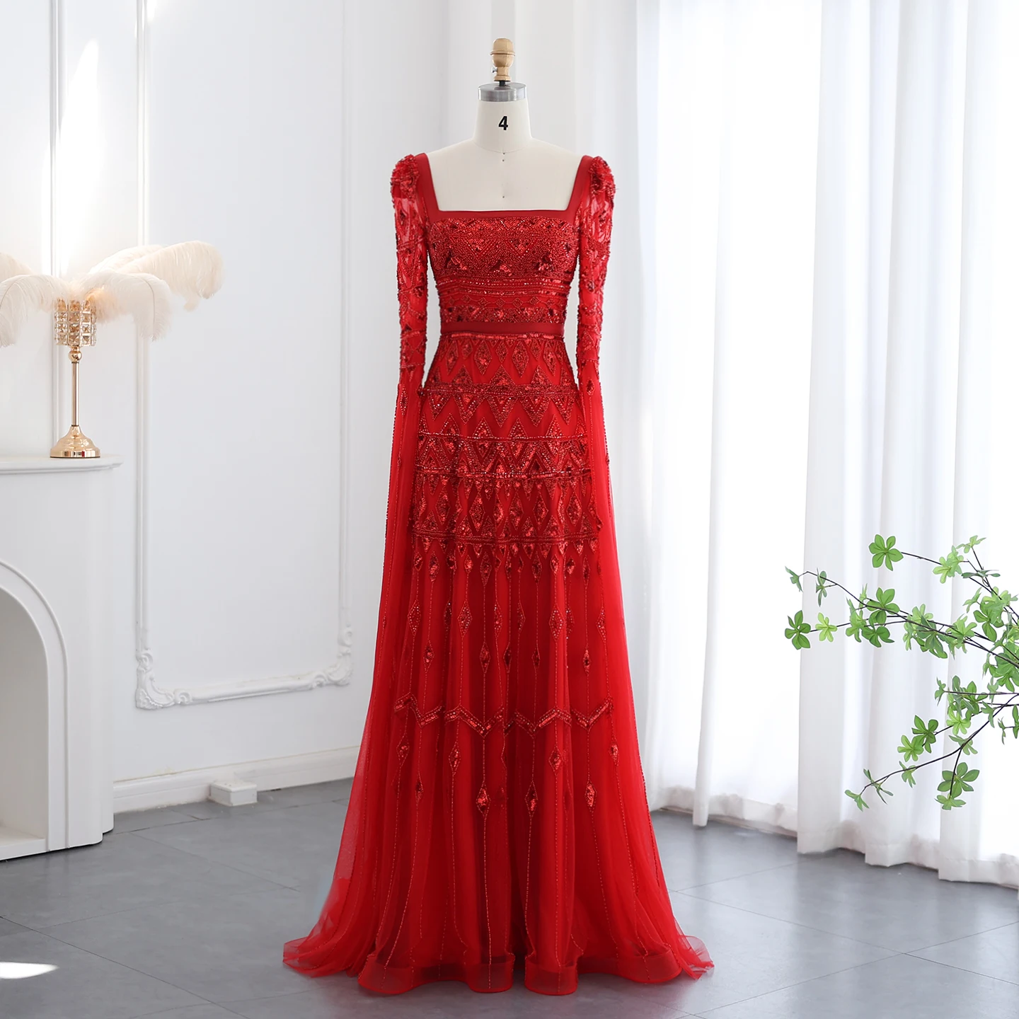 

Customized Luxury Evening Dress Wine Red Long Sleeve Dress Formal Exquisite High Quality Wedding Guest Prom Party Gown for Women