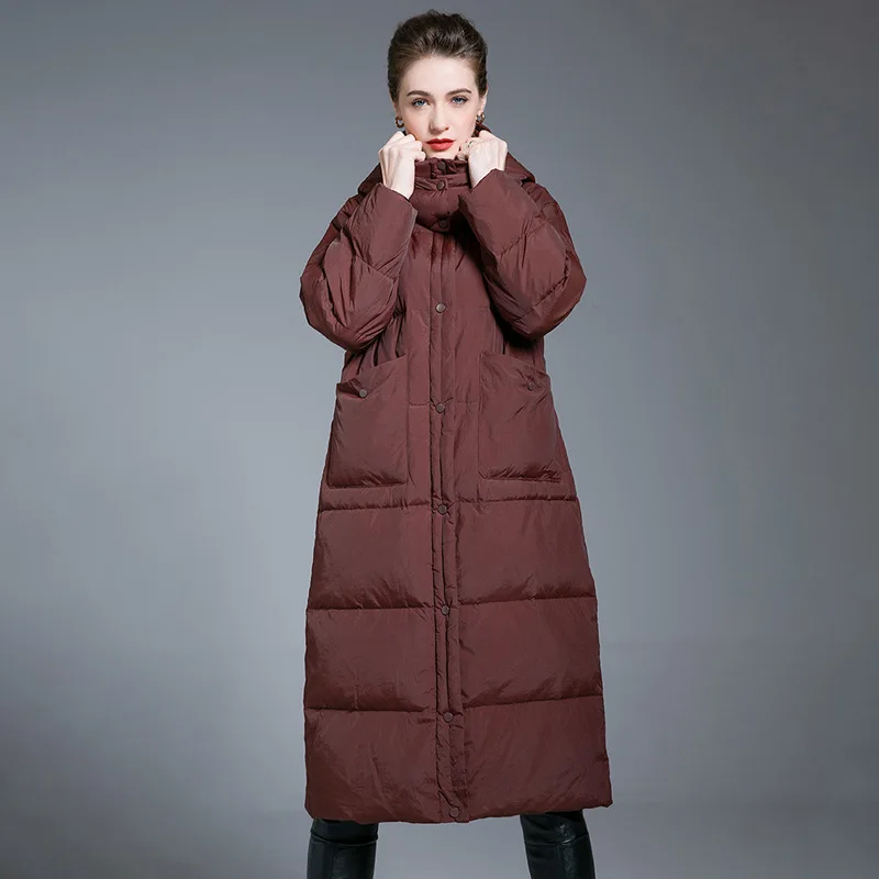 Women's Winter New Loose Fit Long Hooded 90 White Duck down Jacket Style Windproof Warm Outerwear Comfortable Casual Style