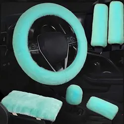 6Pcs/Set Soft Fluffy Plush Car Steering Wheel Cover Seat Belt Shoulder Pads Winter Auto Center Armrest Cove Car Accessory Warm